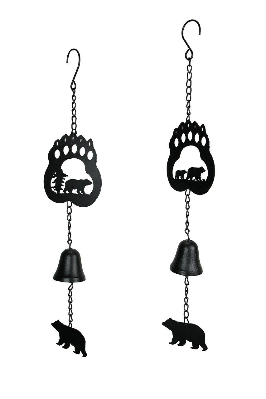 Set of 2 Rustic Lodge Style Black Bear Hanging Wind Chimes With Cast Iron Bells
